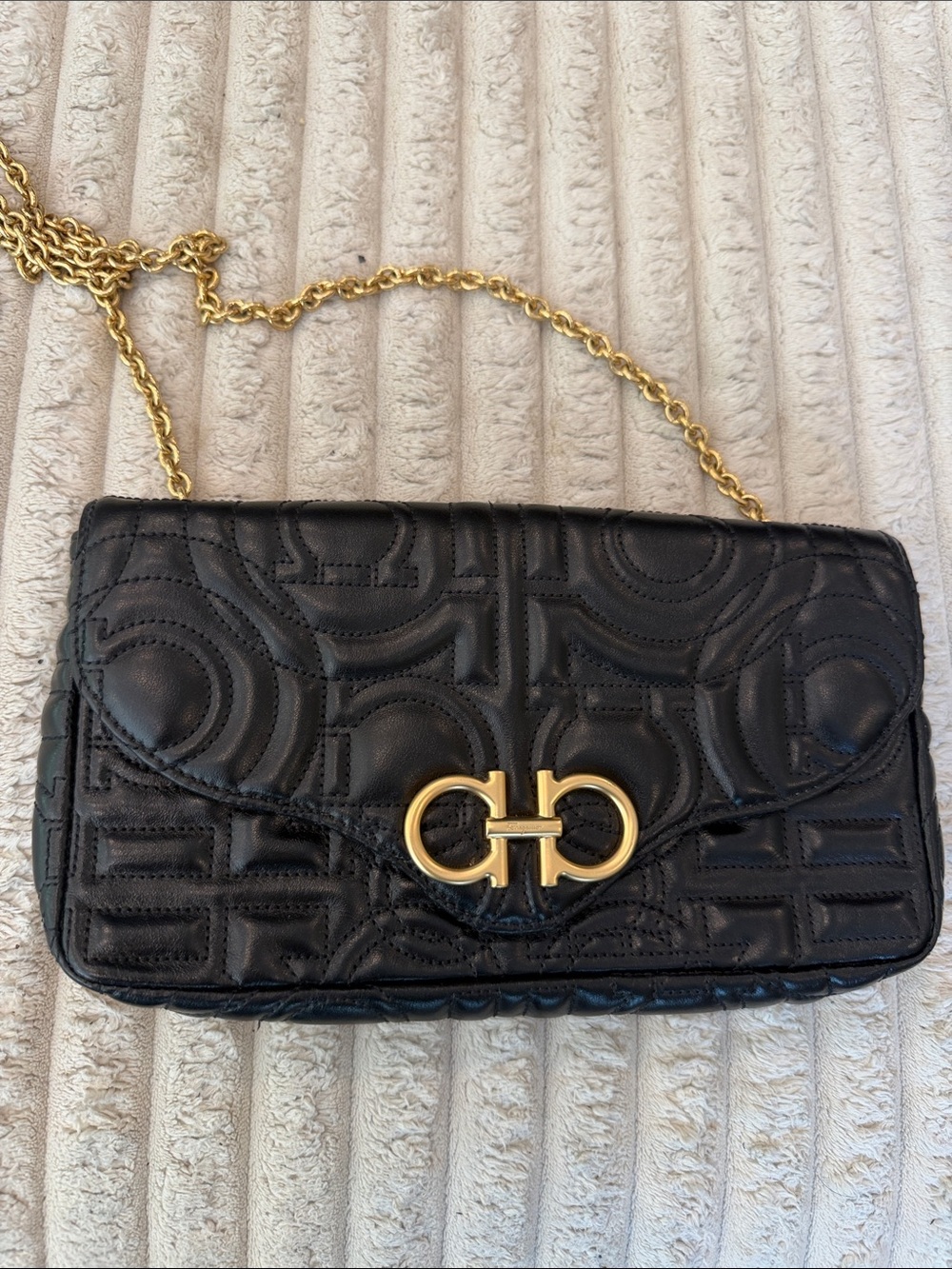 Salvatore Ferragamo Black Quilted Leather Crossbody with Gold Hardware